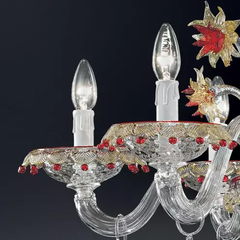 "Florenza" Murano glass chandelier - 6 lights - transparent, gold and red