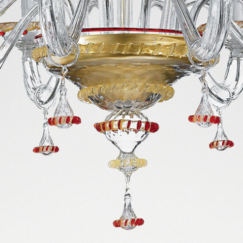 "Florenza" lustre en cristal de Murano - 12 lumières - transparent, or et rouge