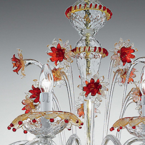 "Florenza" lustre en cristal de Murano - 12 lumières - transparent, or et rouge