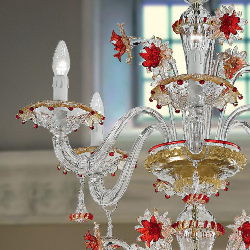 "Florenza" Murano glass chandelier - 12+6 lights - transparent, gold and red