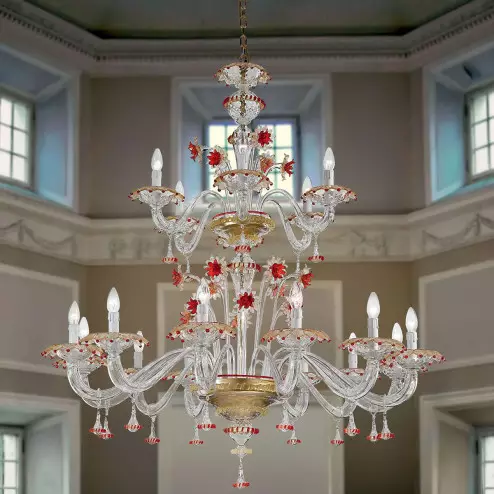 "Florenza" two tier Murano glass chandelier - 12+6 lights - transparent, gold and red