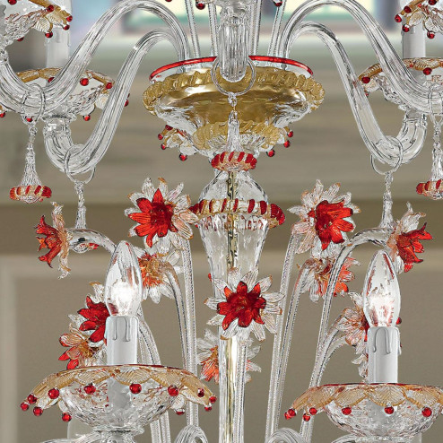 "Florenza" lampara de araña de Murano dos niveles - 12+6 luces - transparente, oro y rojo