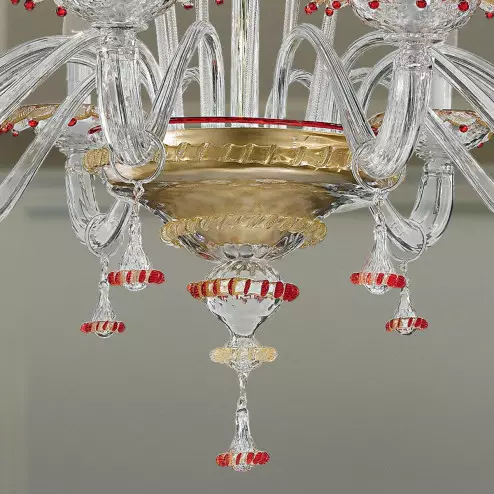 "Florenza" two tier Murano glass chandelier - 12+6 lights - transparent, gold and red