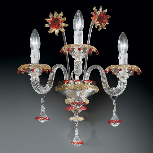 "Florenza" applique en verre de Murano - 3 lumières - transparent, or et rouge