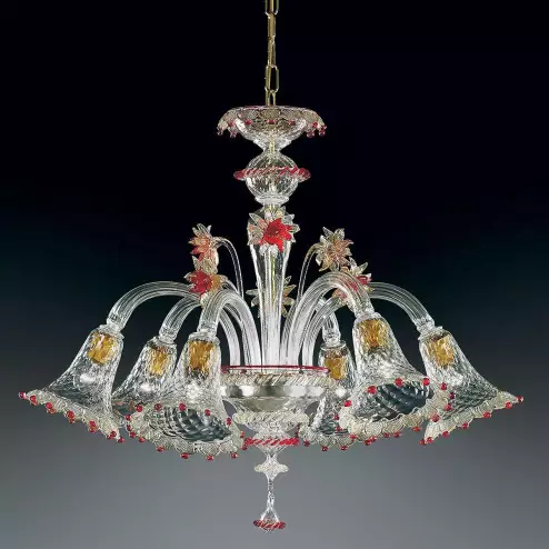 "Rosalba" lustre en cristal de Murano - 6 lumières - transparent, or et rouge