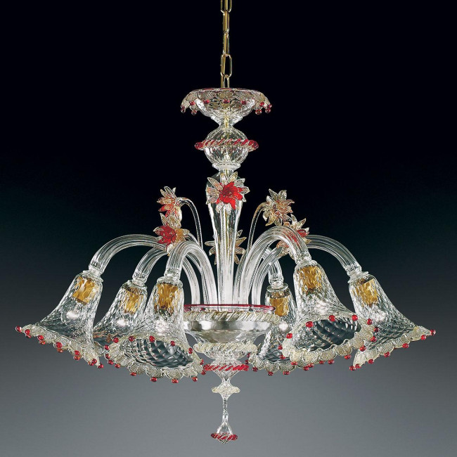 "Rosalba" Murano glass chandelier - 6 lights - transparent, gold and red