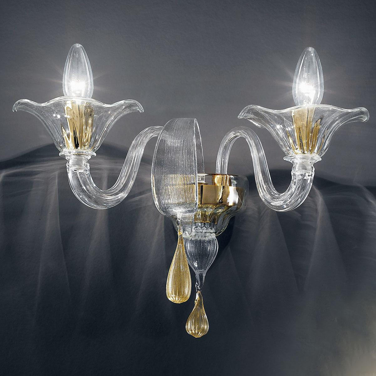 "Prassede" applique en verre de Murano - 2 lumières - transparent et oro