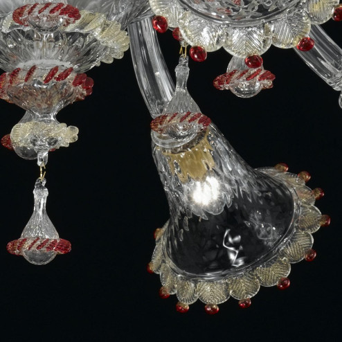 "Rosalba" Murano glass ceiling light  - 8 lights - transparent, gold and red -
