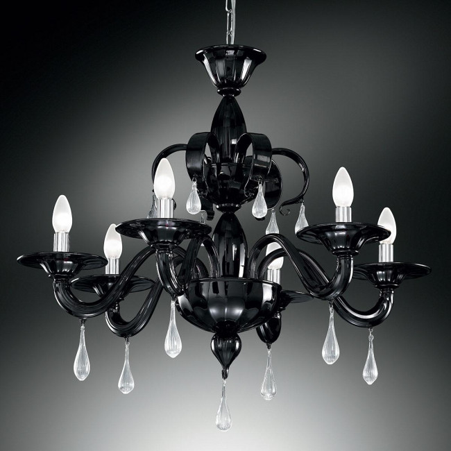 "Olivia" lustre en cristal de Murano - 6 lumières - noir et transparent