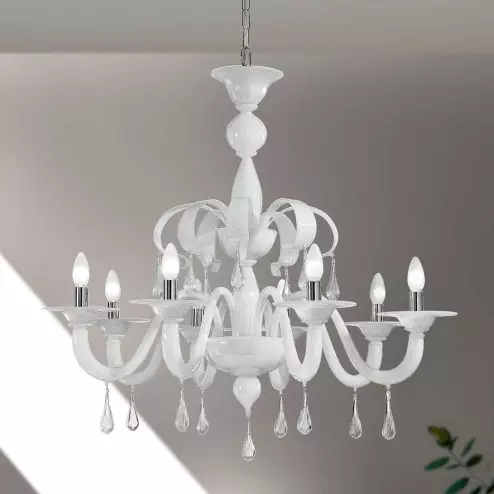 "Olivia" Murano glass chandelier - 8 lights - white and transparent