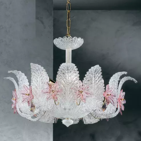 "Fiordaliso" lampara de araña de Murano - 4 luces - transparente y rosa