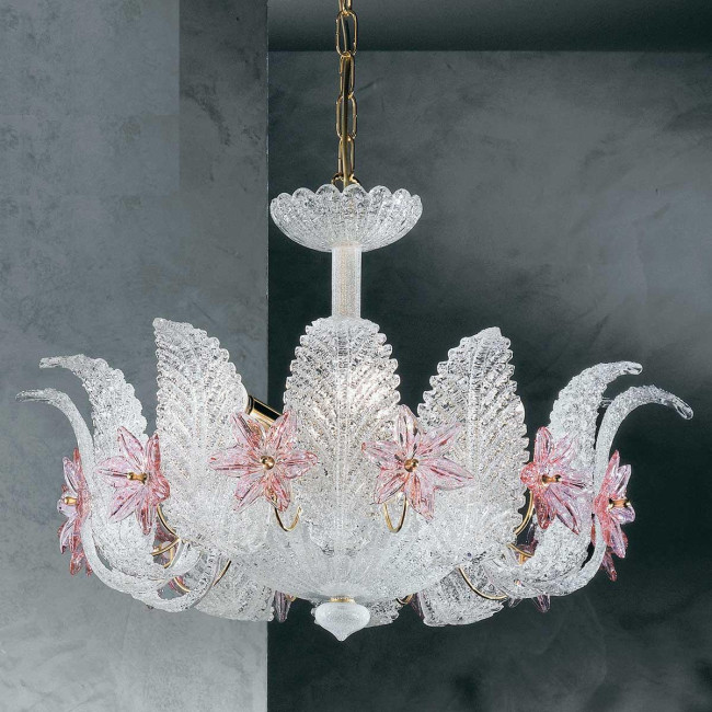 "Fiordaliso" lustre en cristal de Murano - 4 lumières - transparent et rose
