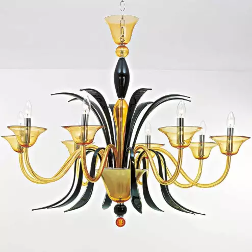 "Baccanti" Murano glass chandelier - 8 lights - amber and black