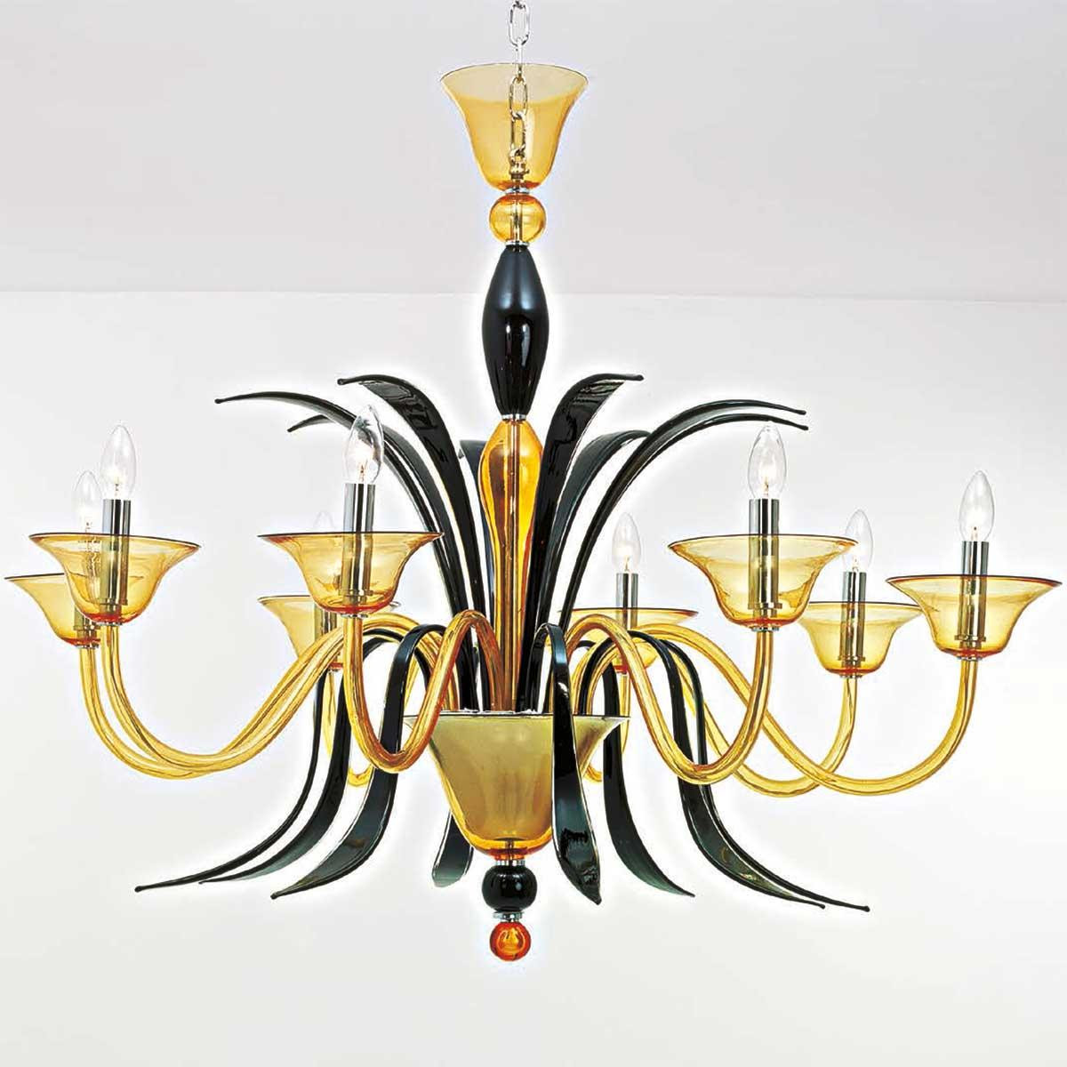 "Baccanti" lustre en cristal de Murano - 8 lumières - ambre et noir