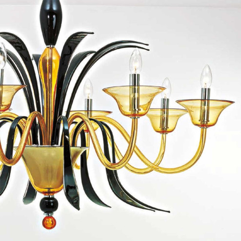 "Baccanti" Murano glass chandelier - 8 lights - amber and black