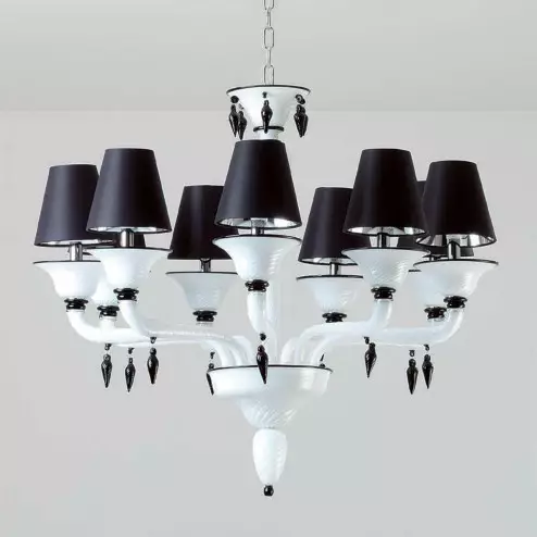 "Ofelia" lampara de araña de Murano - 9 luces - blanco y negro