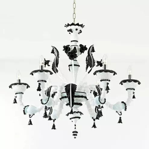 "Stefania" lustre en cristal de Murano - 6 lumières - blanc et noir