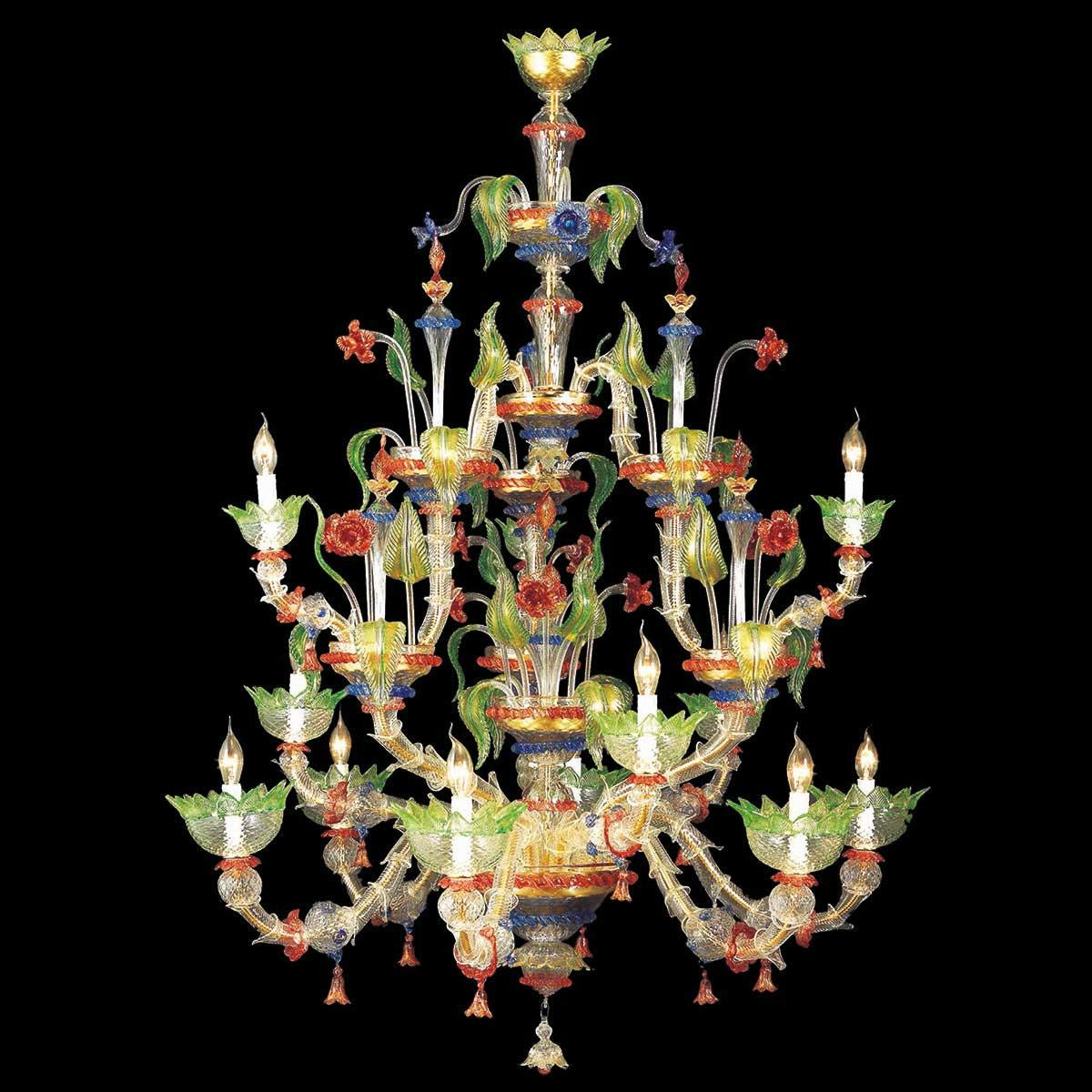 "Arboreo" Murano glass chandelier - 6+3+3 lights - transparent, multicolor and gold