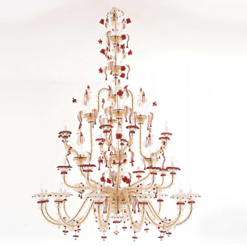 "Ester" lampara de araña de Murano - 12+8+8 luces - transparente, rojo y oro