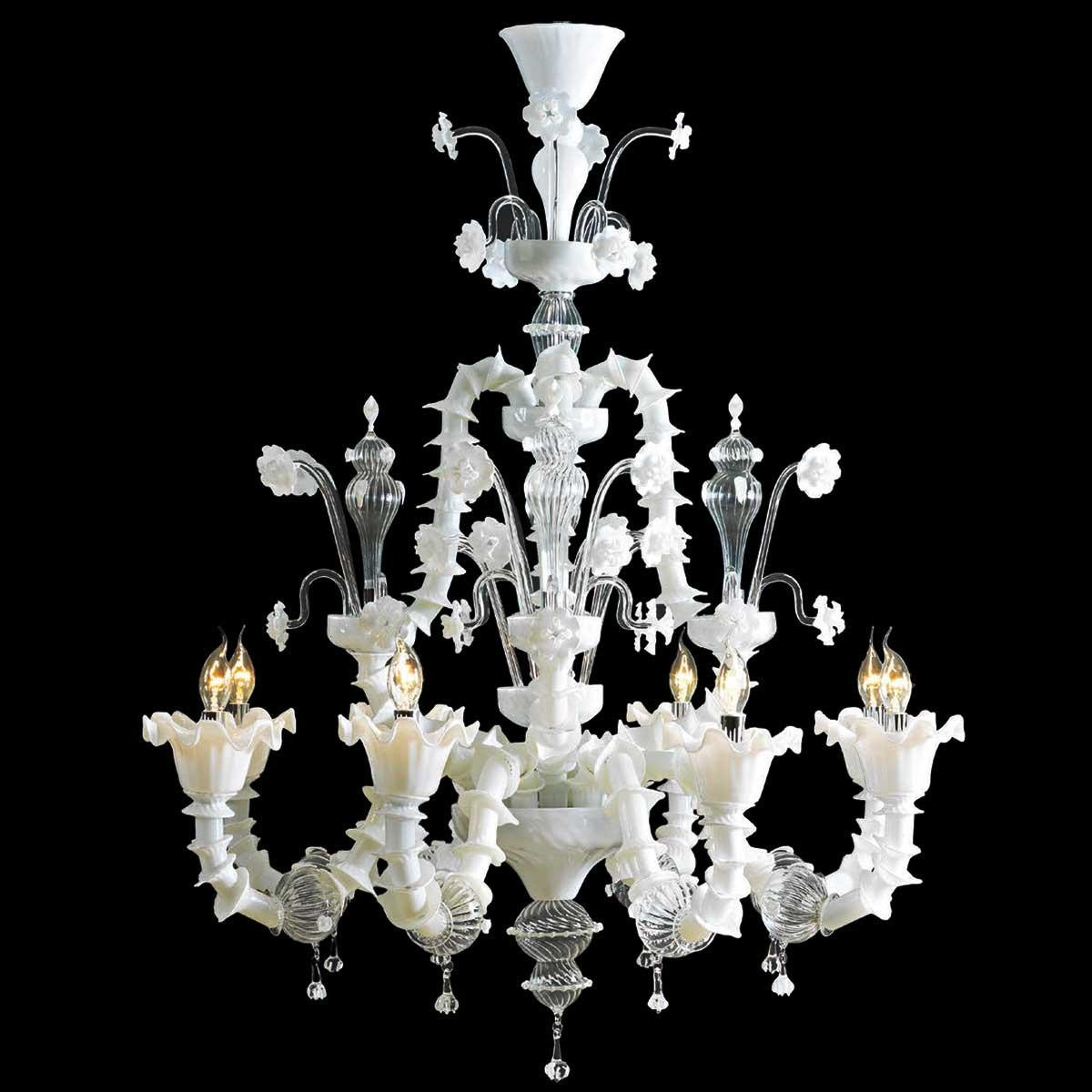 "Alessandra" lustre en cristal de Murano - 8 lumières - blanc et transparent