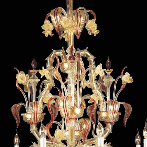 "Cinzia" Murano glass chandelier - 12 lights - transparent, red and gold