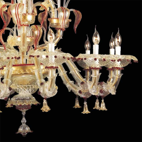 "Cinzia" Murano glass chandelier - 12 lights - transparent, red and gold