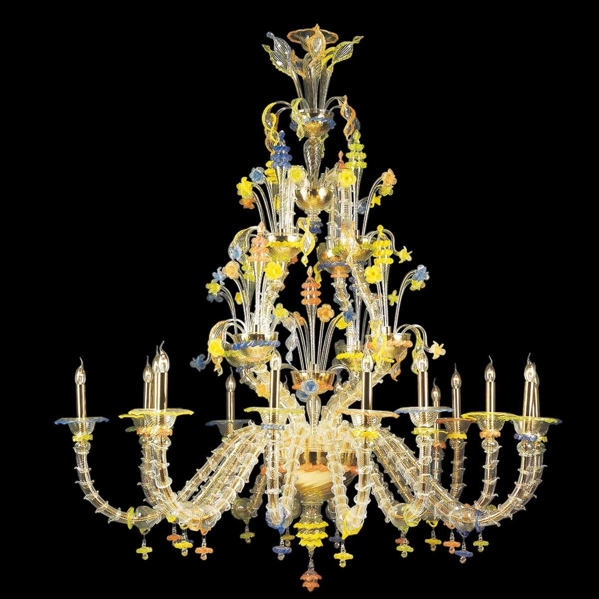 "Carlotta" Murano glass chandelier - 8+8 lights - transparent, multicolor and gold