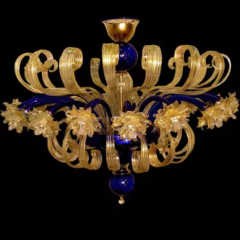 "Foglia d'oro" plafonnier en verre de Murano - 16 lumières - or et bleu