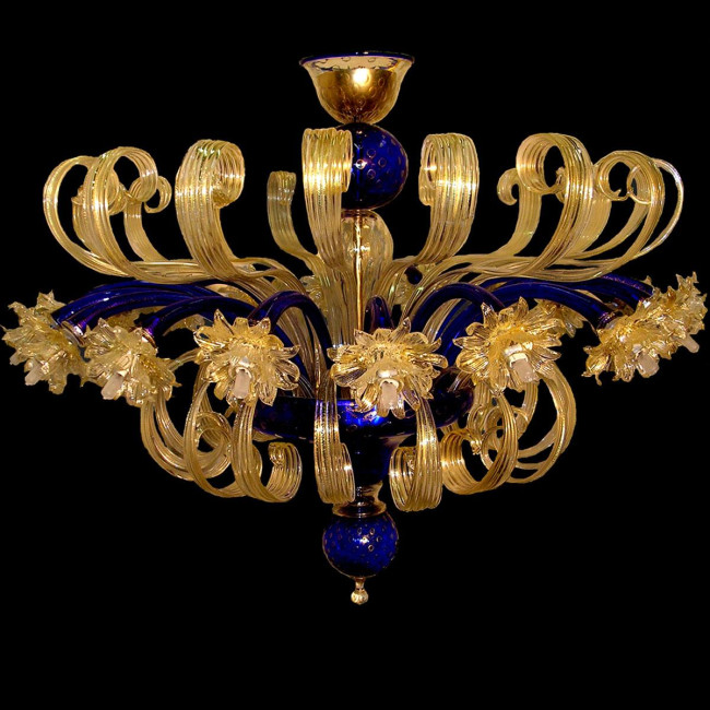 "Foglia d'oro" lampara de techo de Murano - 16 luces - oro y azul