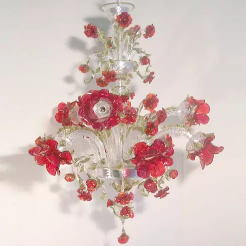"Roseto Rosso" Murano glass chandelier - 9 lights - transparent and red