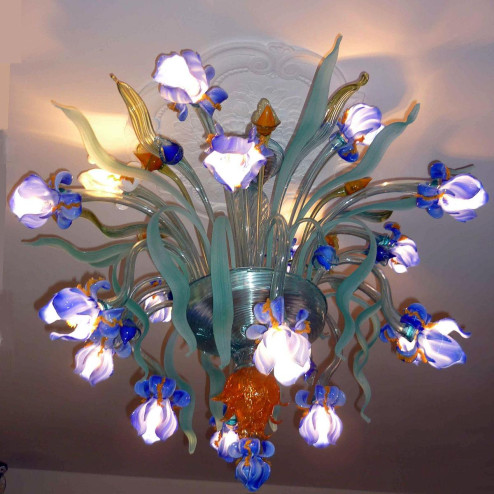 "Iris di Luce" lampara de techo de Murano - 16 luce - azul - luces encendidas