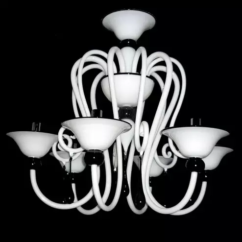 "Serpico" lustre en cristal de Murano - 6 lumières - blanc et noir