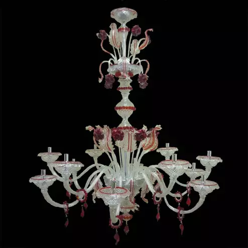 "Emma" Murano glas Kronleuchter - 12 flammig - transparent und rot