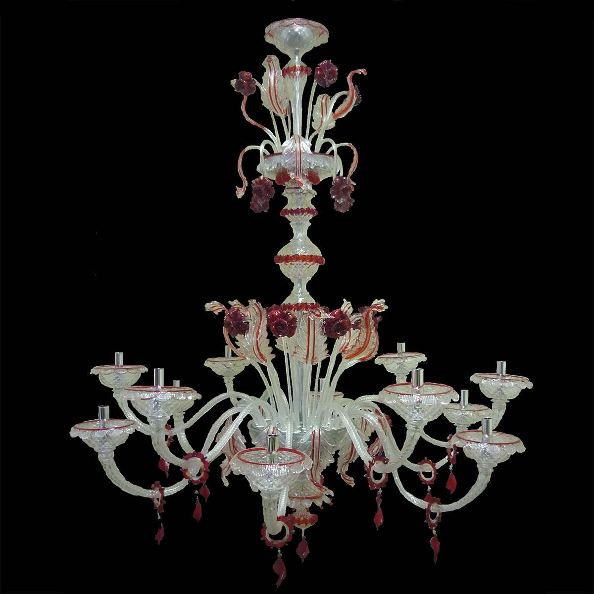 "Emma" lustre en cristal de Murano - 12 lumières - transparent et rouge