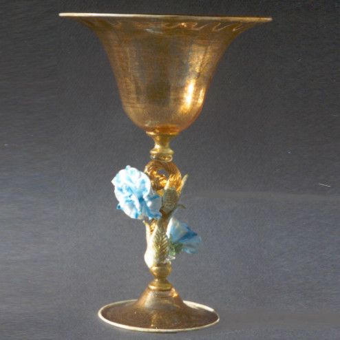 "Fiore Azzurro" bol sur le pied en verre de Murano - or avec fleur bleu clair