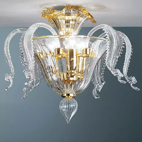 "Oreste" Murano glass ceiling light - 3 lights - transparent and gold
