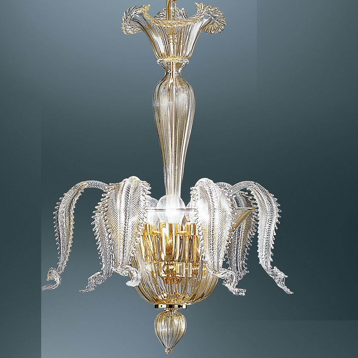 "Oreste" suspension en verre de Murano - 3 lumières - transparent et or