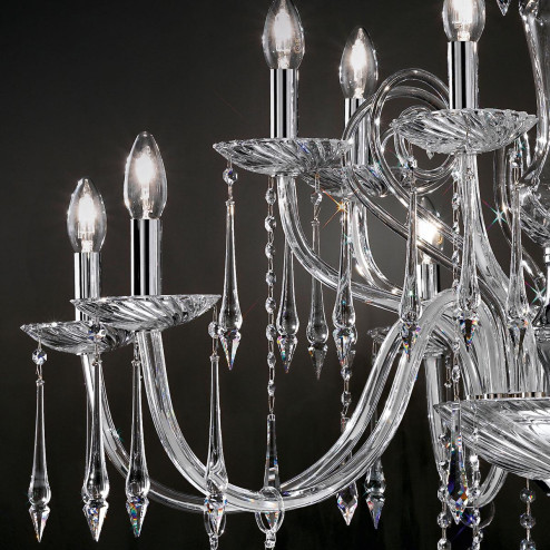 "Amadeo" araña grande en cristal veneciano - 6+6 luces - transparent con Swarovski colgantes