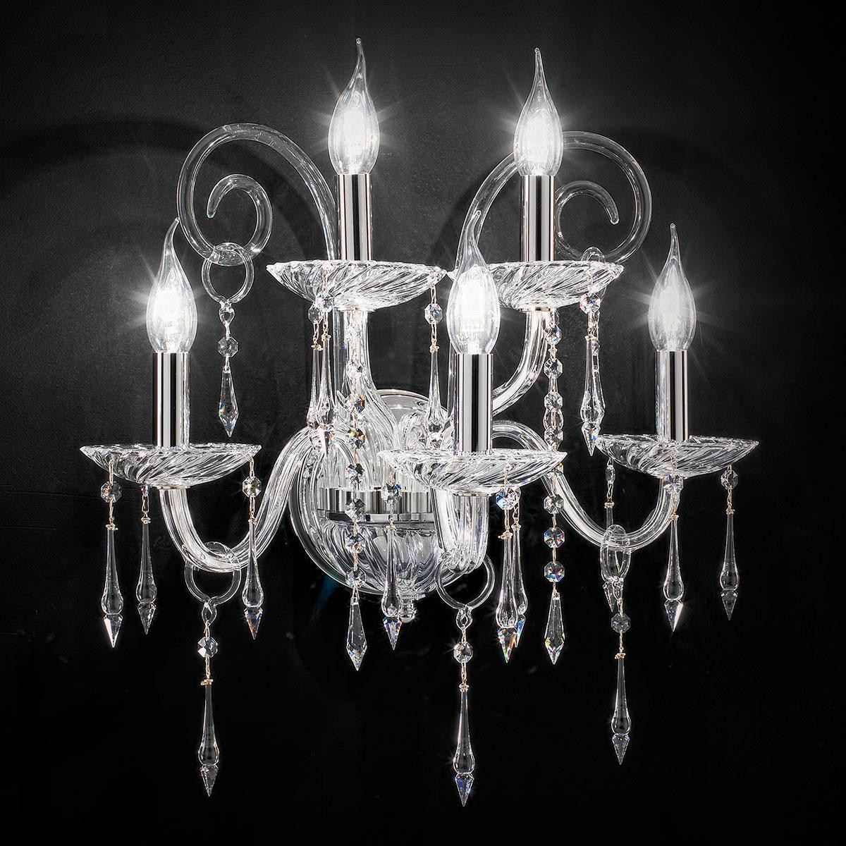 "Amadeo" aplique veneciano de pared en cristal - 3+2 luces - transparente con Swarovski colgantes