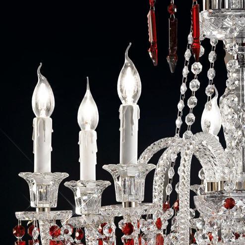 "Cima" lustre vénitienne en cristal - 8 lumières - transparent avec rouge pendentifs