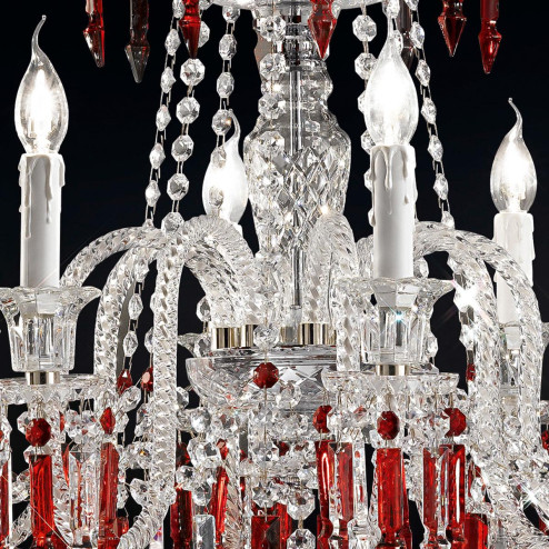 "Cima" venetian crystal chandelier - 8 lights - transparent with red pendants