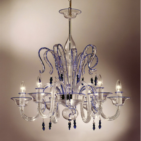 "Zaffiro" 6 lights crystal and blue Murano glass chandelier