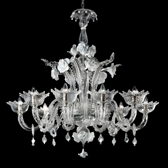 "Artico" 8 lights transparent and white Murano glass chandelier