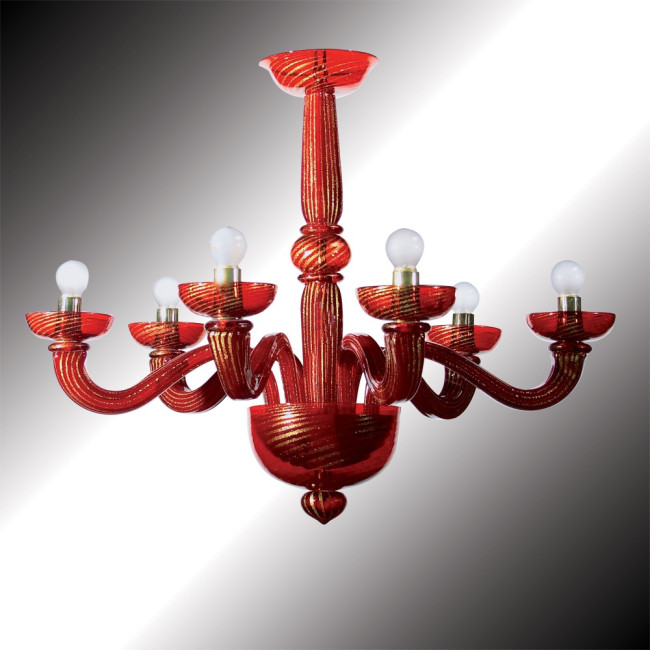 "Pantalone" 6 lights red and gold Murano glass chandelier