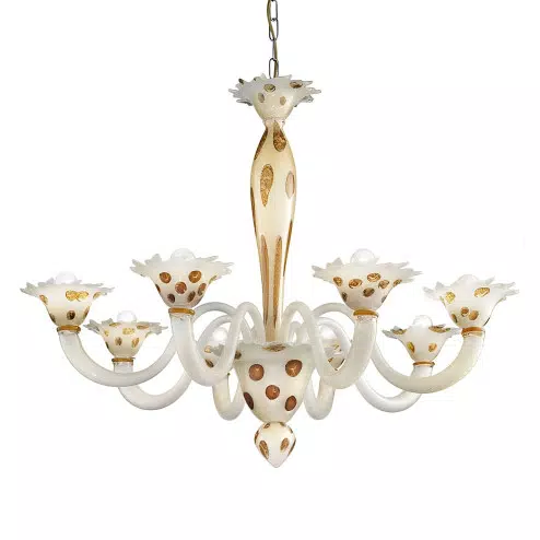 "Dalmata" lustre en verre de Murano 8 lumières - blanc argent -points ambre