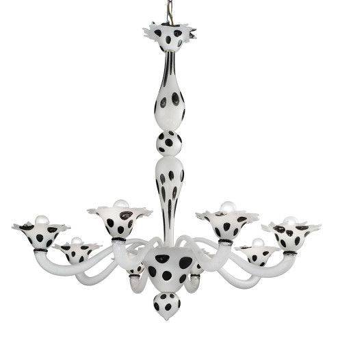 "Dalmata" 8 lights Murano glass chandelier - white silver - black spots
