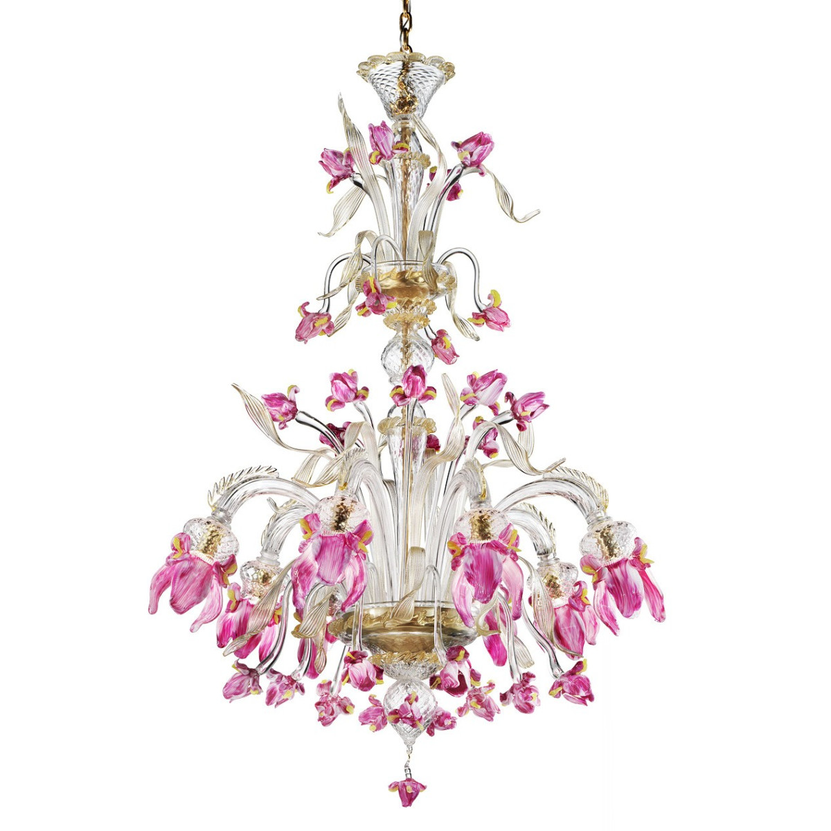 Delizia Pink Flowers Tall Murano Glass, Gold Chandelier With Pink Flowers