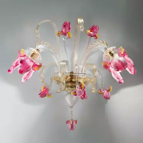 "Delizia" 2 lights pink flowers Murano glass wall sconce