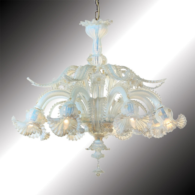 "Barbarigo" 8 lights opal and gold Murano glass chandelier