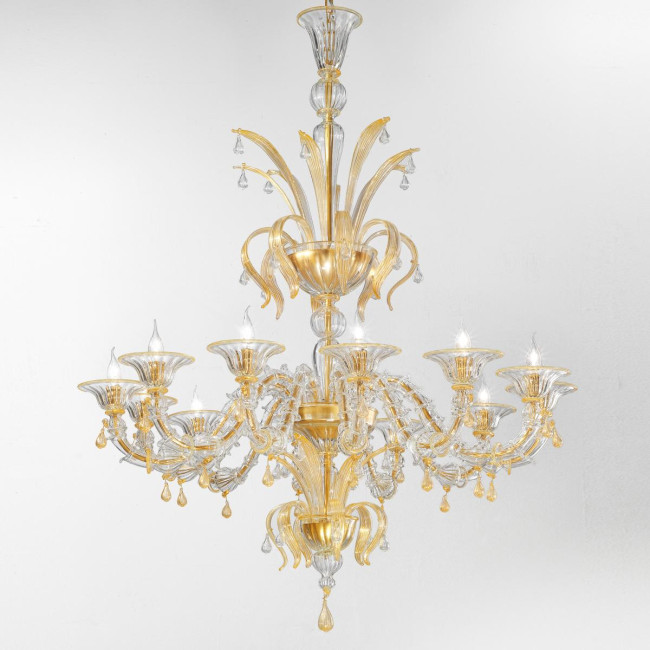 "Paradiso" Murano glass chandelier - 12 lights - transparent and gold